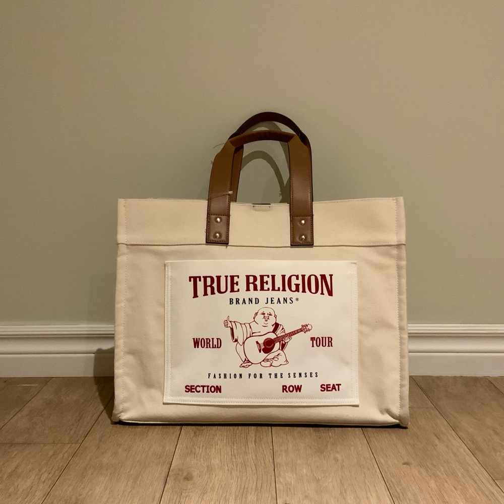 True Religion Cream Canvas Tote with Brown Leather Handles